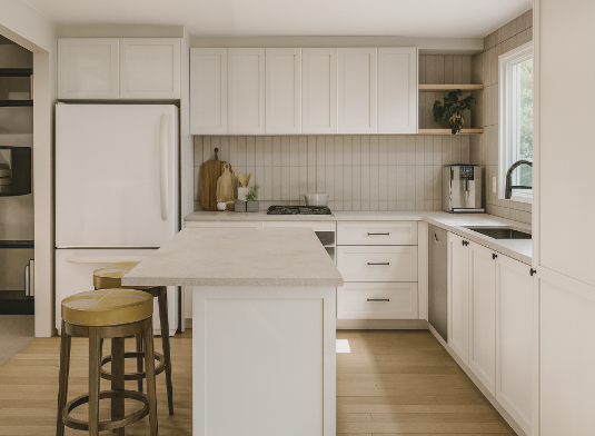 Bedroom with olive green walls, paneling, and curtains. Bed with beige bedding, orange pillows, and yellow lamp on a side table.