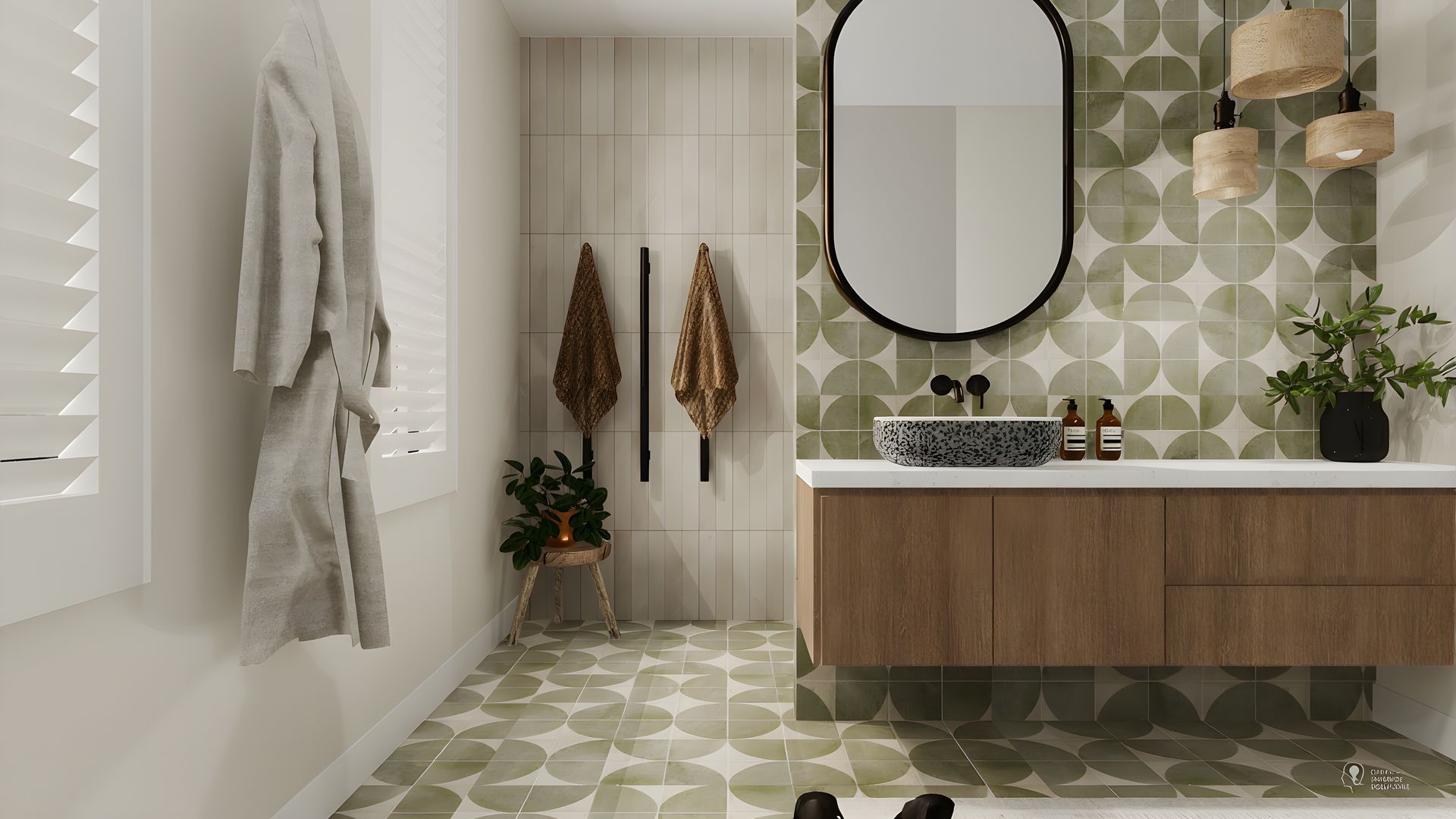 Modern bathroom with green and white tile. Features include a vanity, toilet, shower, and a long window with a view.