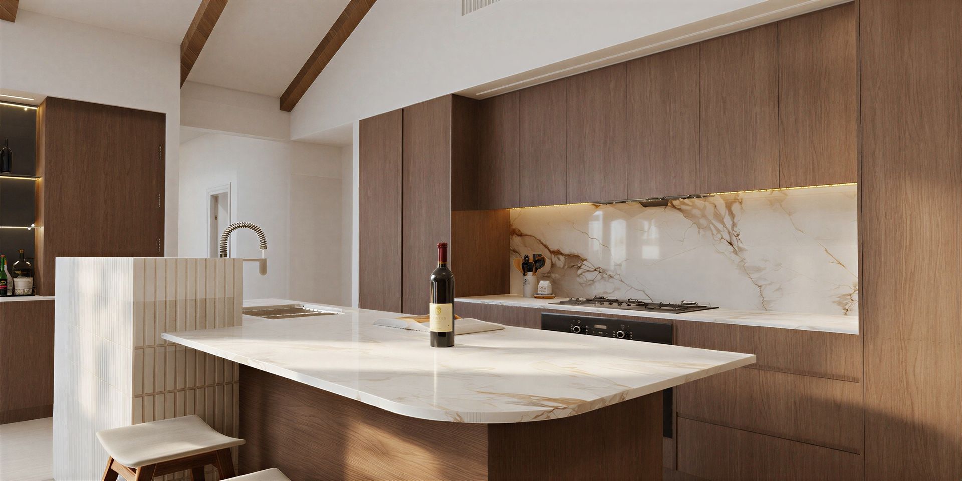 Modern white kitchen with a black fridge, island with stools, and woven pendant lights.