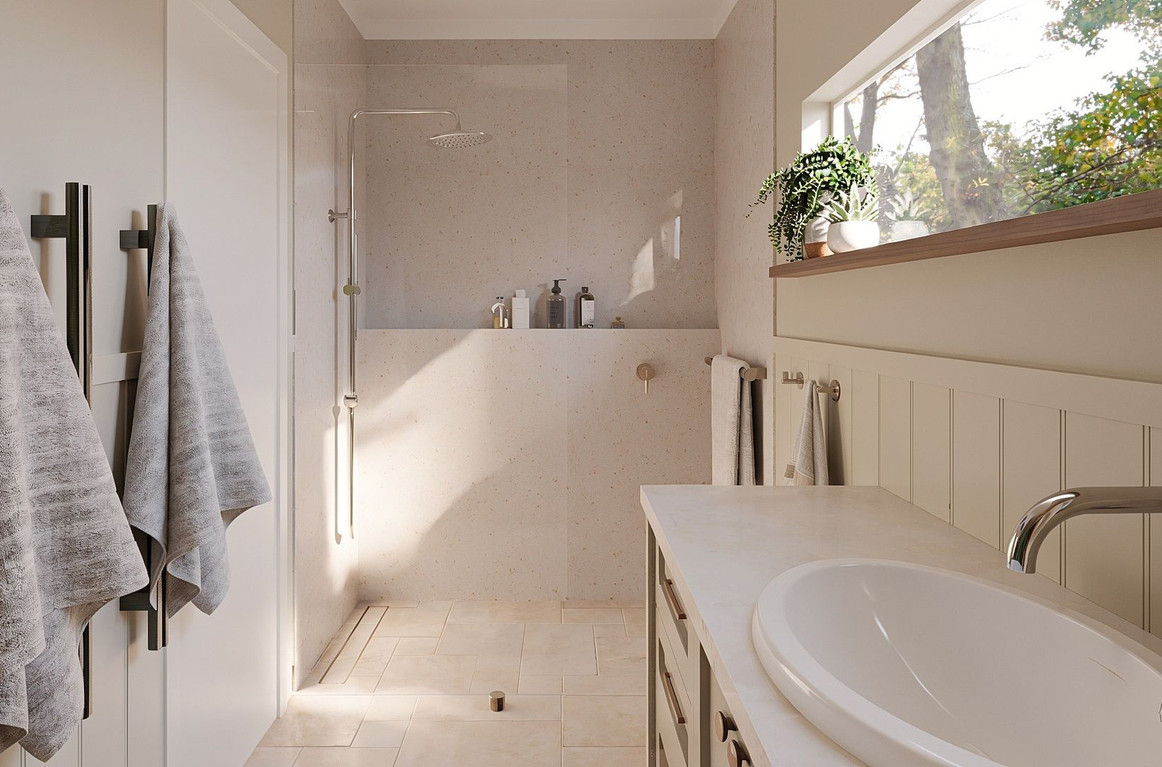 Modern bathroom with green and white tile. Features include a vanity, toilet, shower, and a long window with a view.