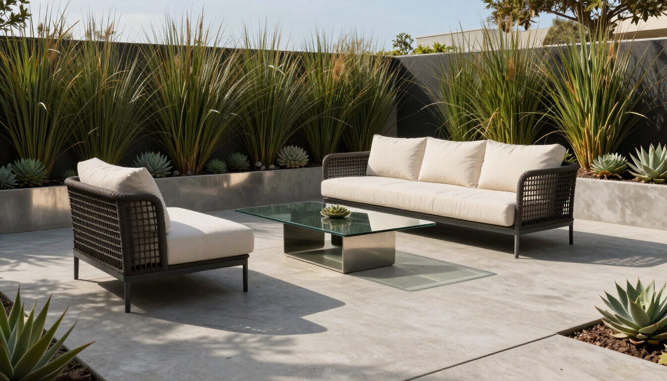 A comparison of modern concrete patio and stone pavers in a backyard setting