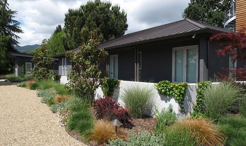 Gray house with gravel driveway and low garden beds with diverse plants.