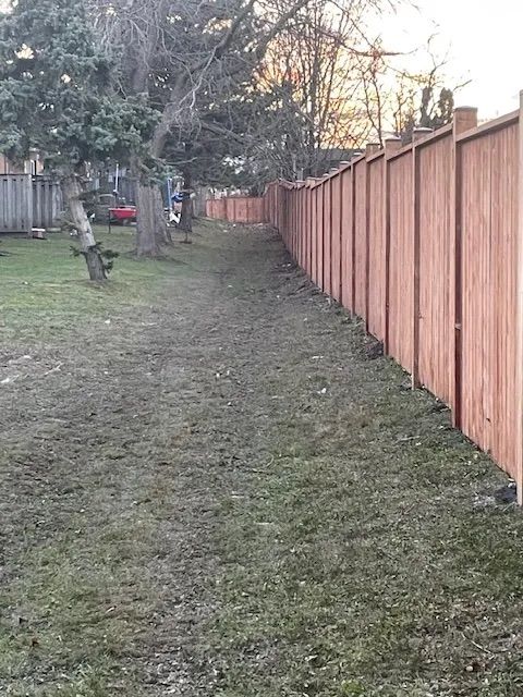 A wooden fence surrounds a grassy yard in a backyard.