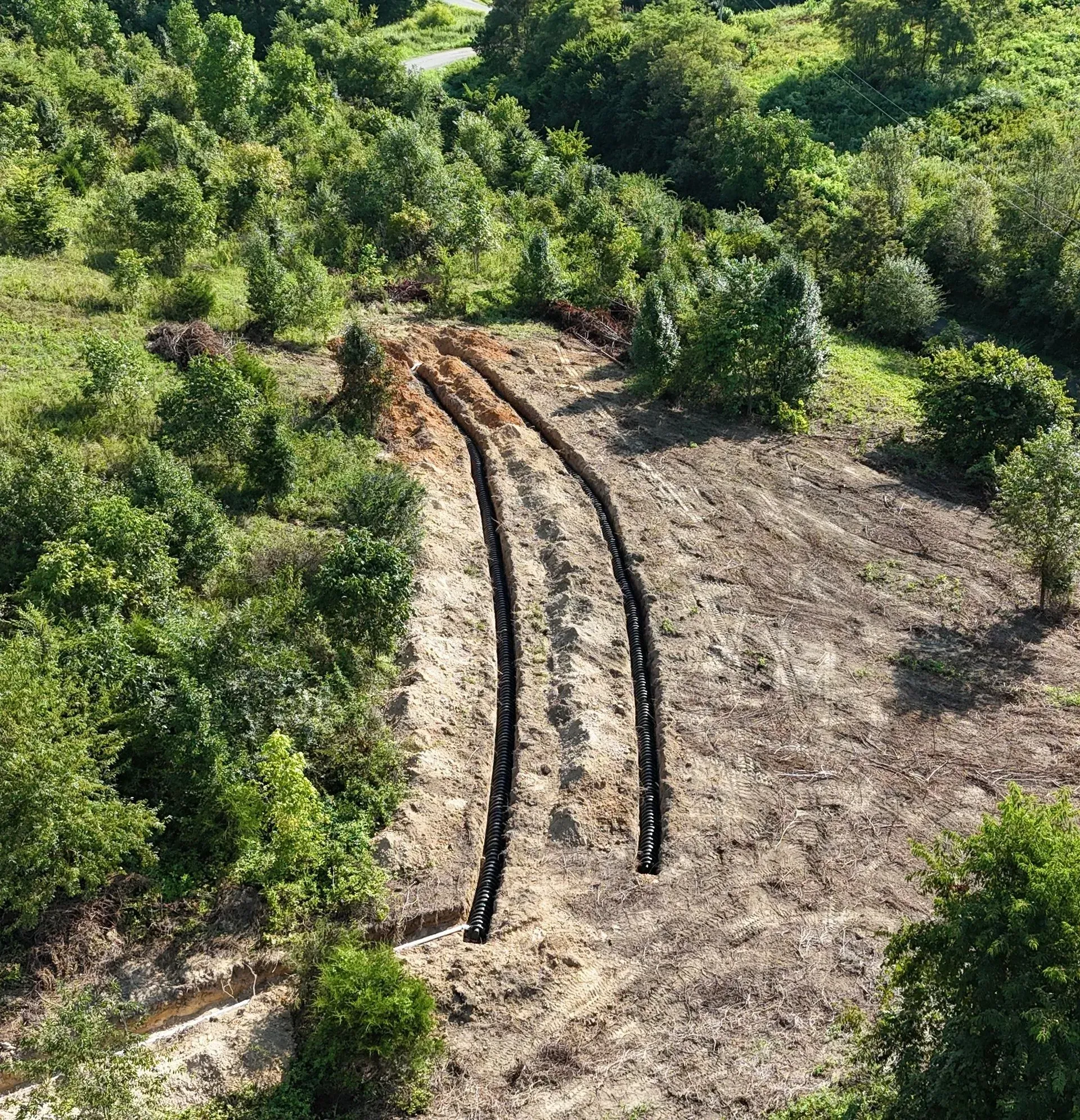 An aerial view of a train track in the middle of a forest.