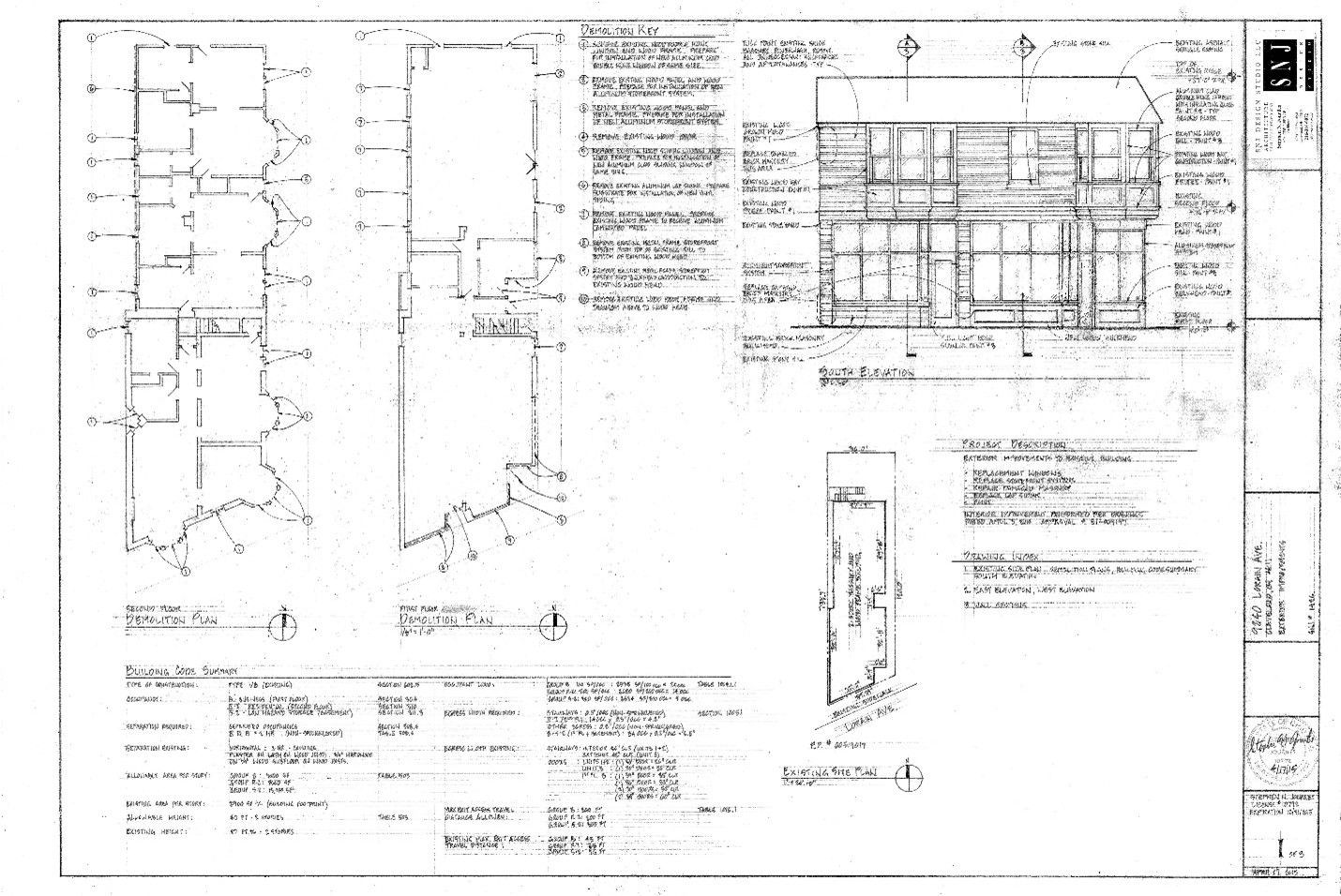 Architectural blueprint with floor plans, elevations, and annotations for a building project.