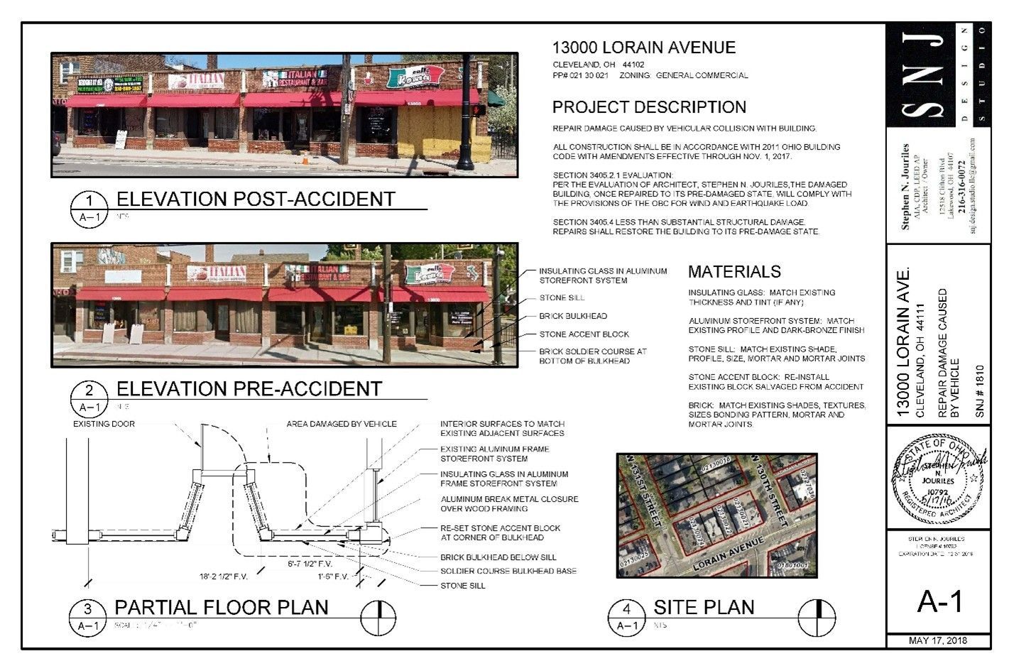Architectural drawing: elevation and floor plan of a building at 15000 Lorain Avenue, including post and pre-accident views.