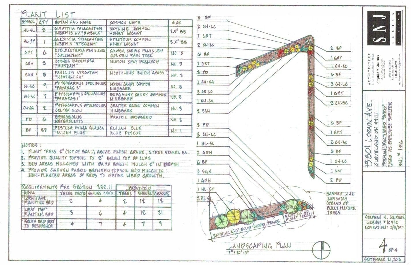 Architectural planting plan showing an L-shaped structure with numbered plant locations and a detailed planting schedule.