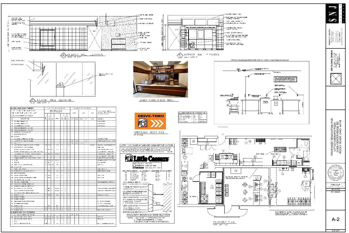Architectural drawings and a photo of a restaurant interior.