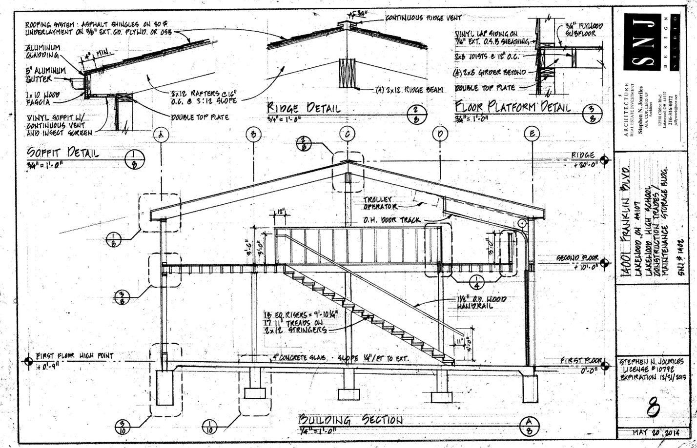 Architectural blueprint: a house elevation with staircase, beams, and roof structure detailed.