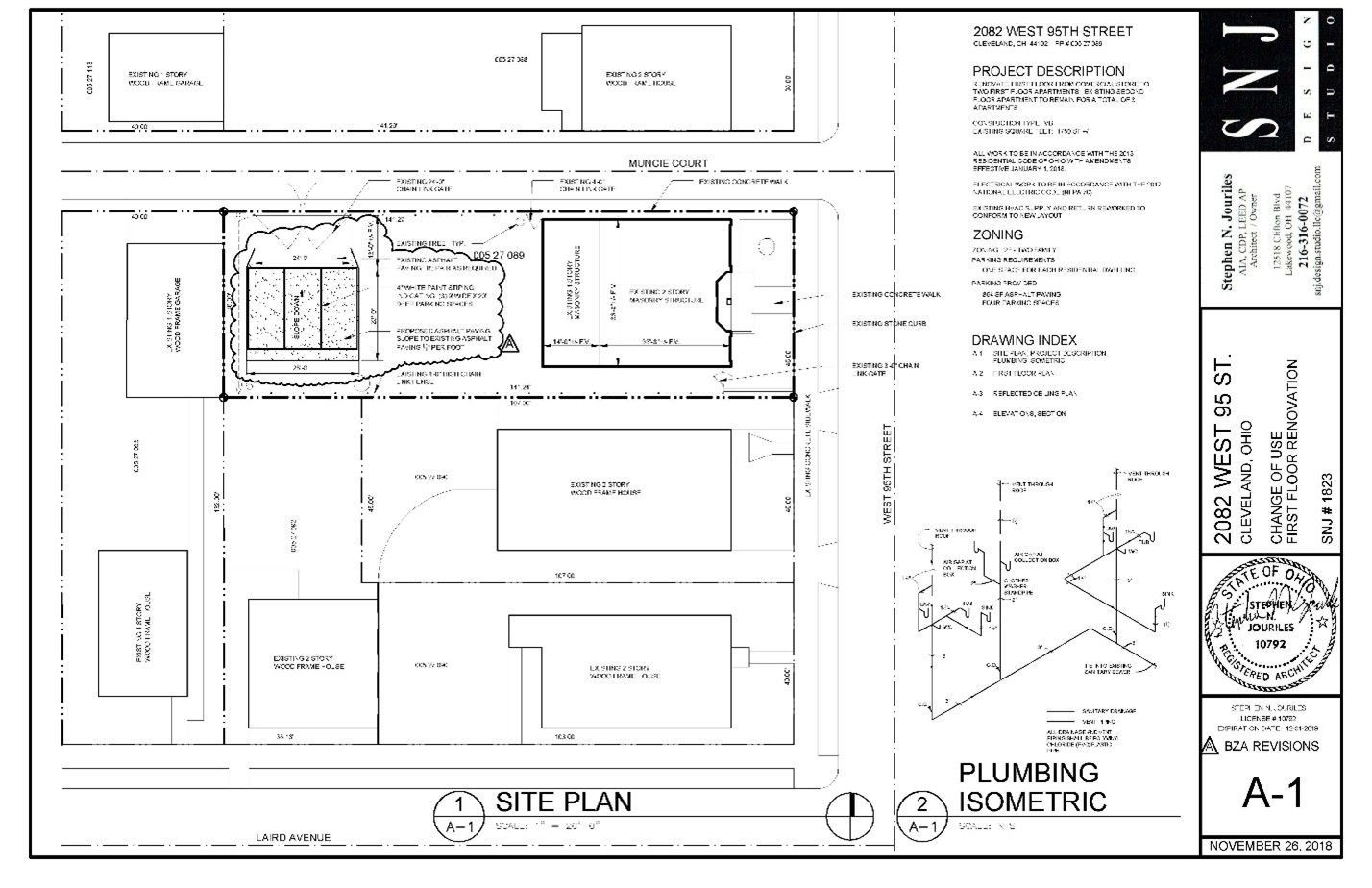 Site plan of a property with building layouts and plumbing isometric diagram.