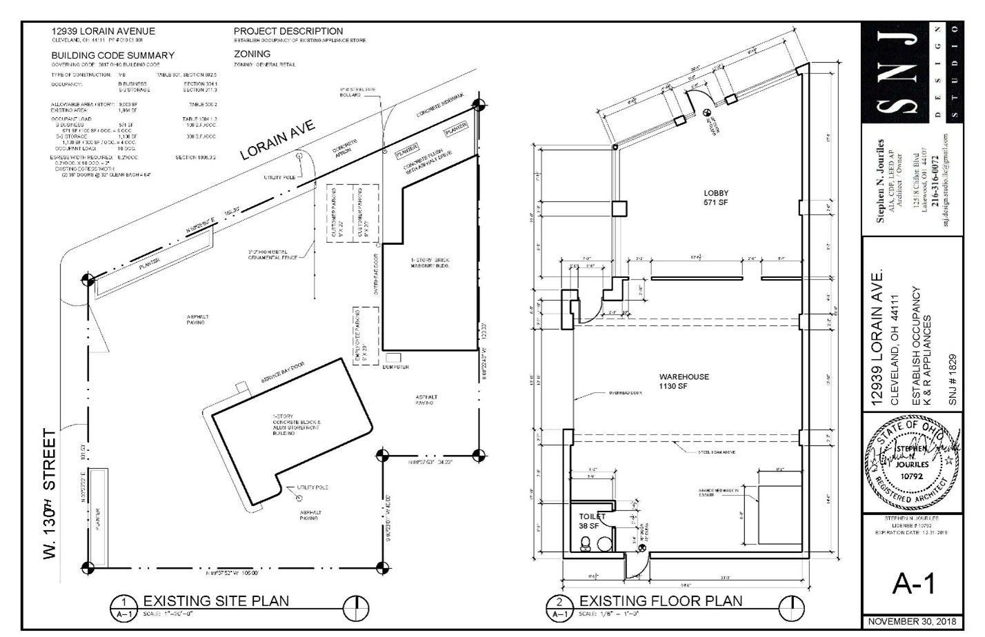 Architectural plans: Site plan and first-floor plan for a building. Black and white blueprint with labels and dimensions.