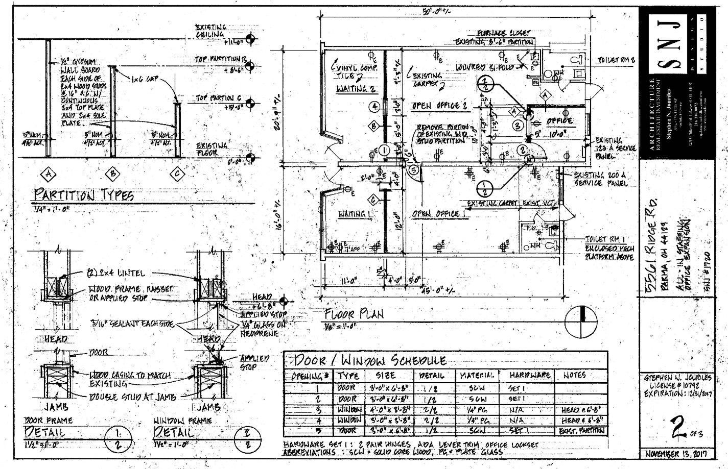Architectural blueprint with floor plan, elevations, and notes. Includes a table of finishes.