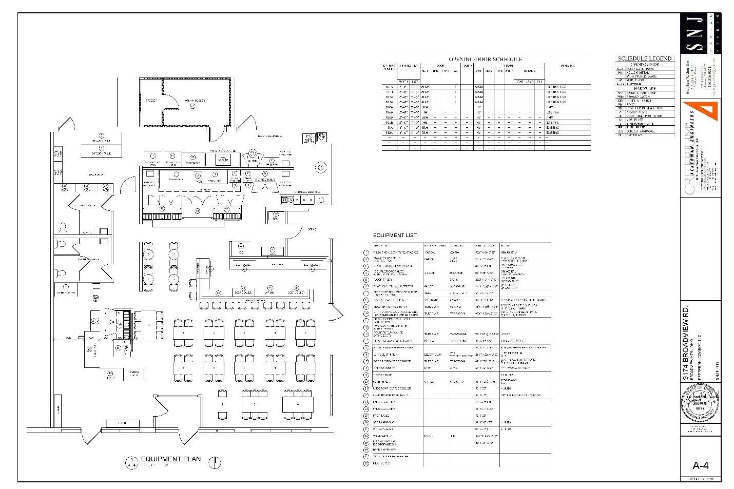 Blueprint of a building layout; includes tables of details and key.