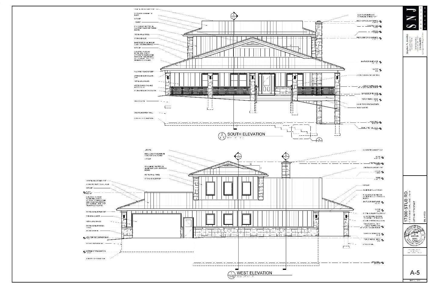 Architectural drawings of a two-story building elevation, front and side views, with detailed construction notations.