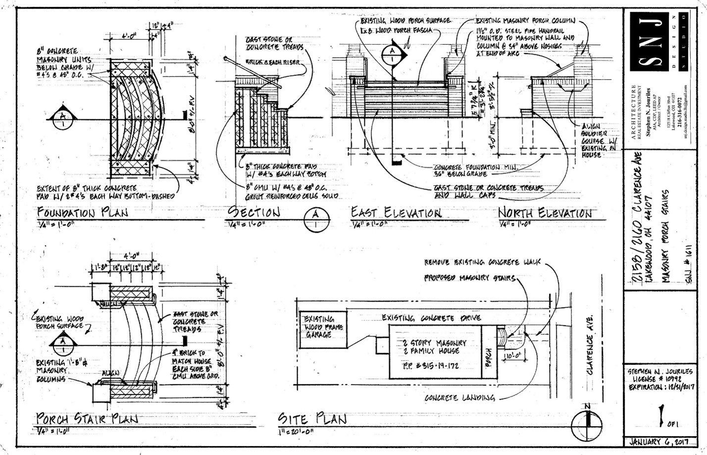 Architectural drawings of a brick building. Plan, section, and elevation views with notes and labels.