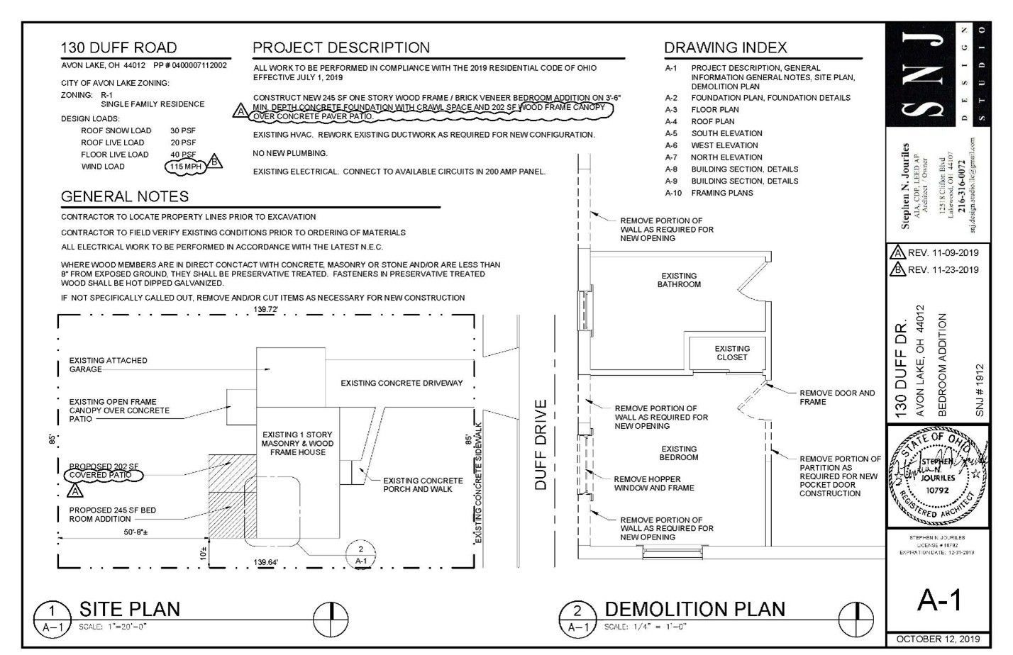 Architectural plan, labeled site and demolition plans. Features building layouts, notes, and symbols on white paper.
