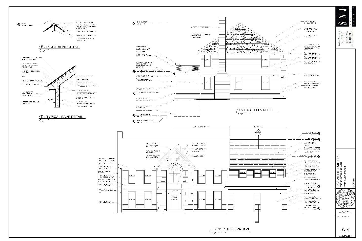 Architectural drawings of a building's roof, elevation, and cross-section details. Black and white lines and text.