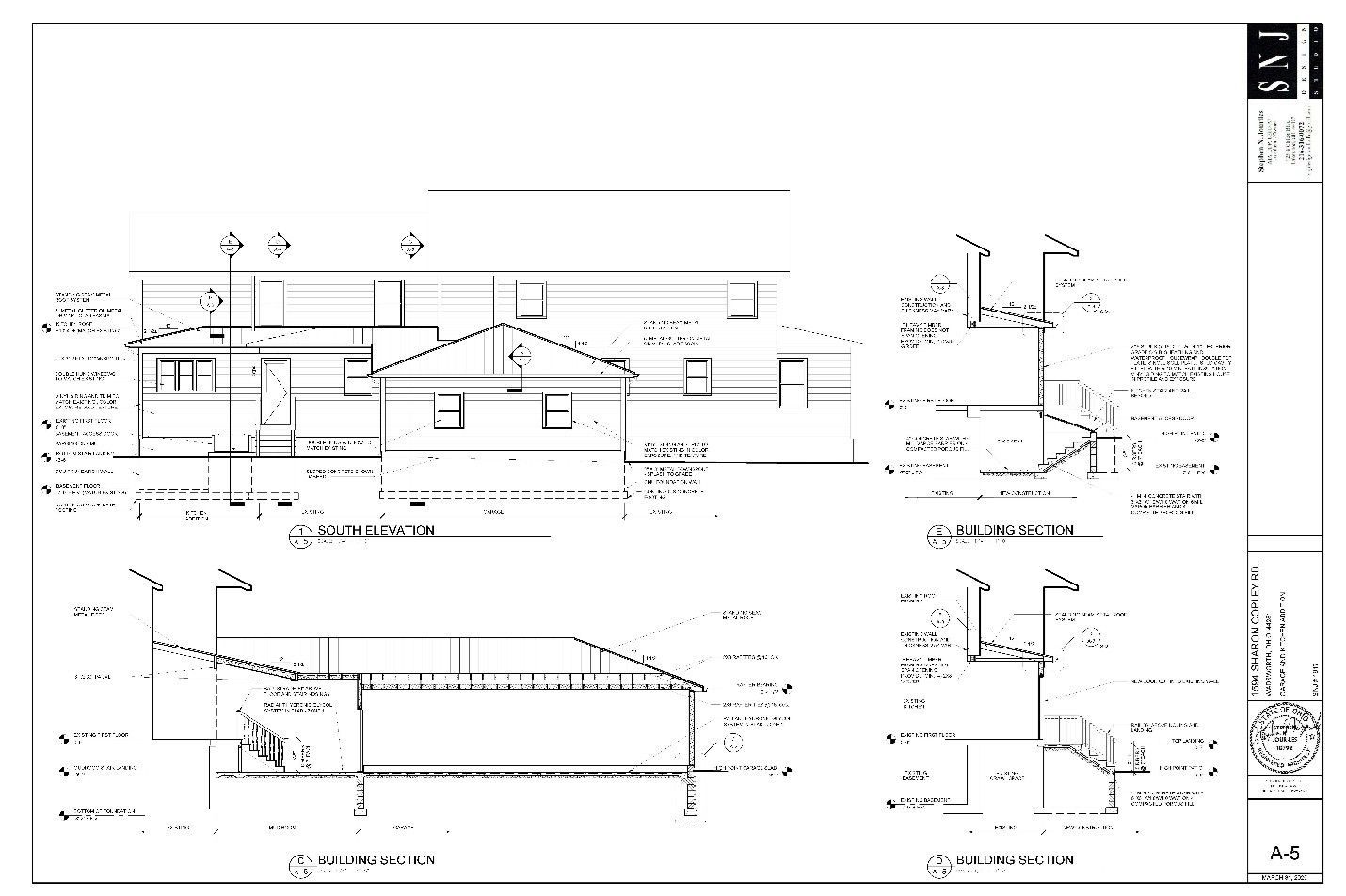 Architectural blueprint of a building elevation and cross-sections; black lines on white background.