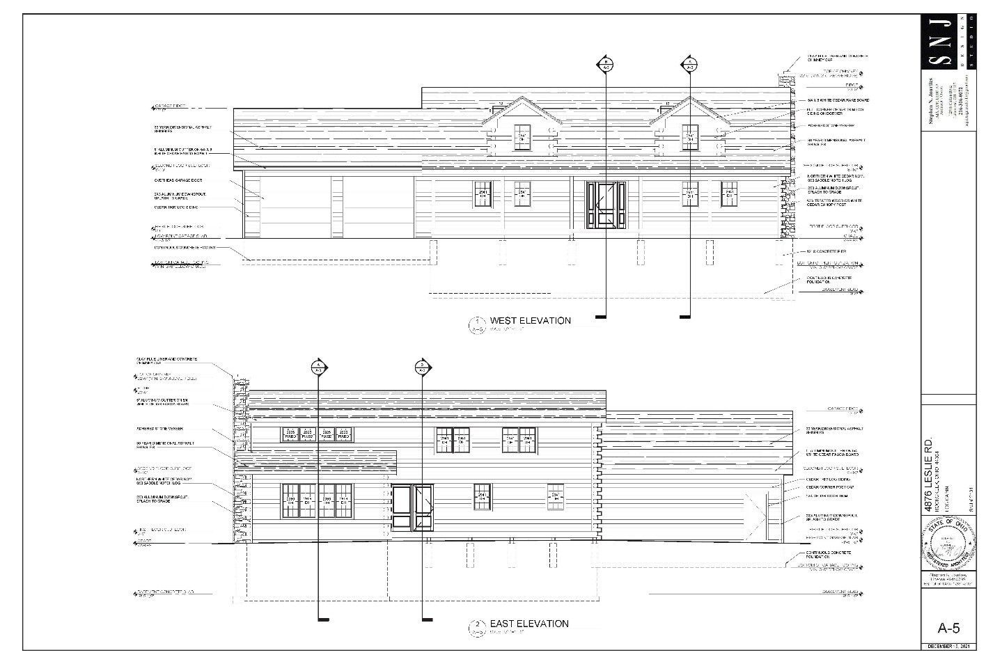 Architectural drawings of a building's elevation, top and bottom views, showing exterior features and dimensions.