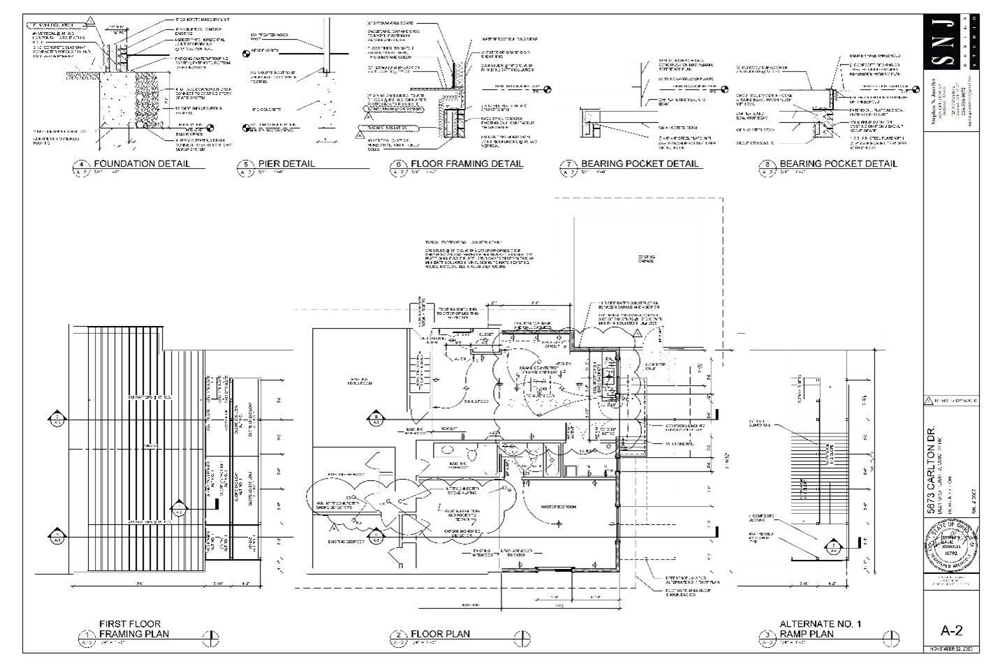 Architectural blueprint with various detailed views, likely showing building plans.