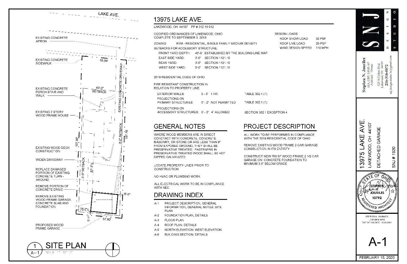 Architectural site plan, labeled A-1, showing a building layout, including details and notes on a white background.