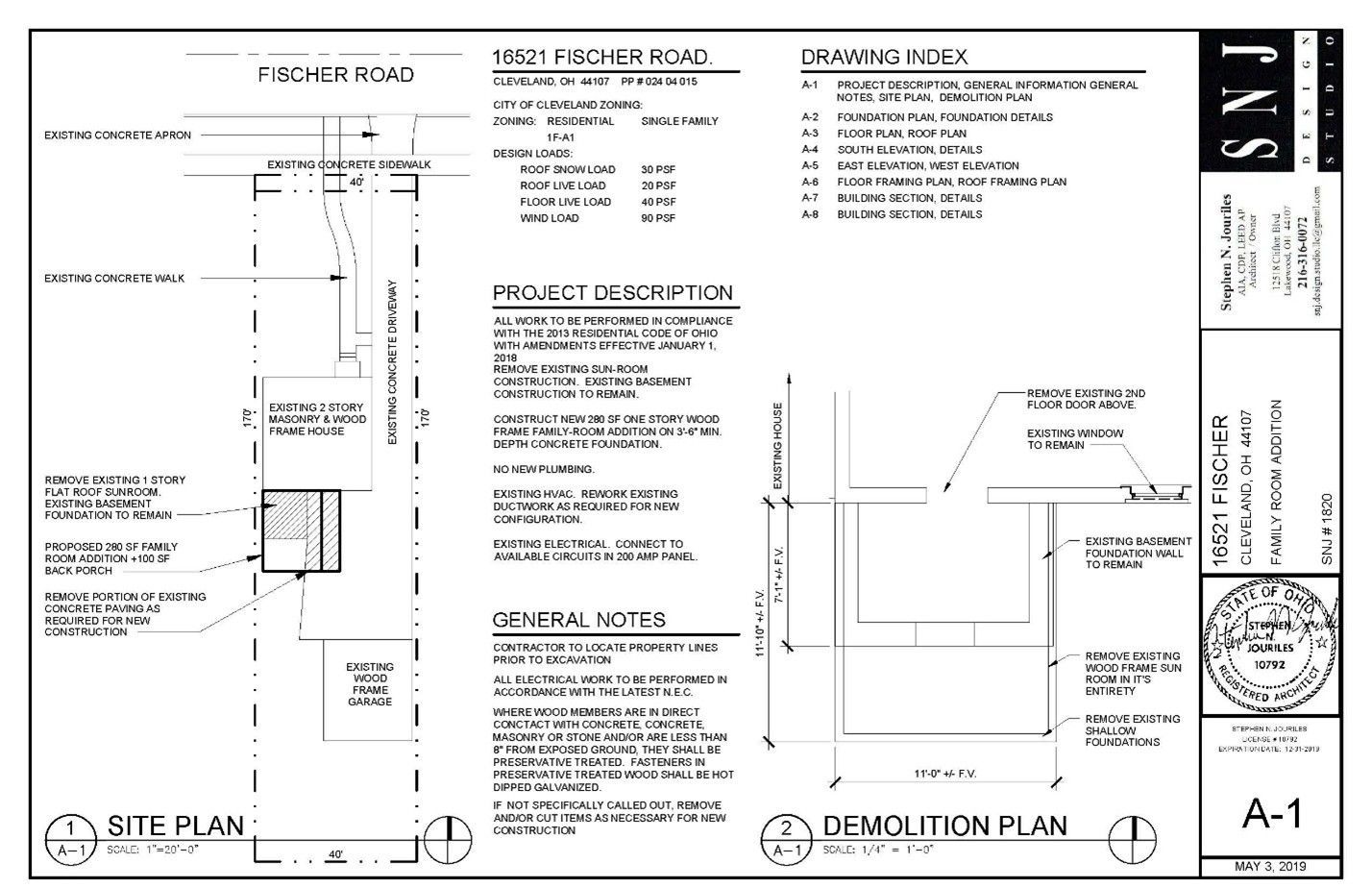 Architectural site and demolition plans for a building project; includes dimensions, text, and details.