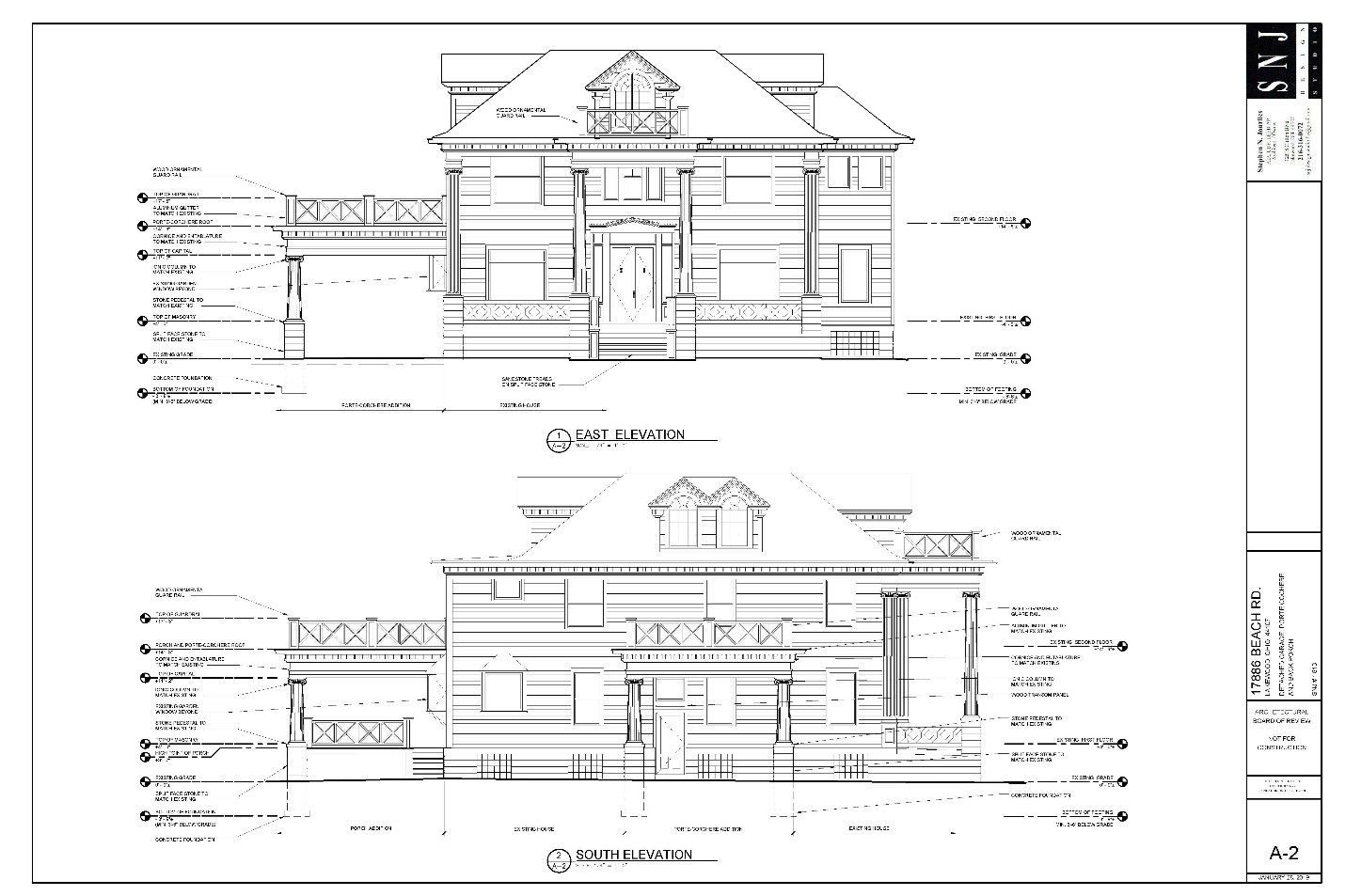 Architectural drawings of a two-story house, showing front and side elevations with details labeled.