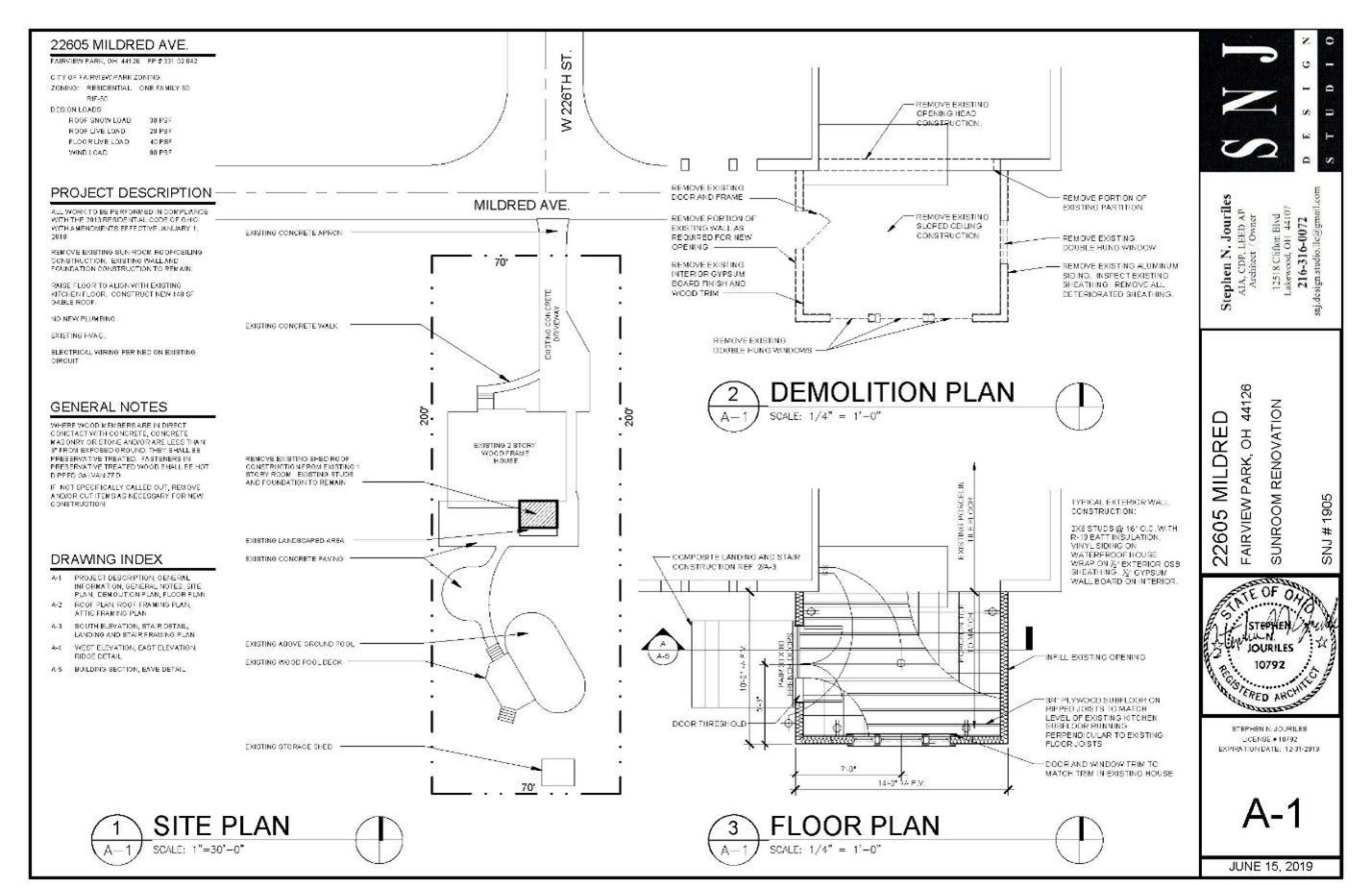 Architectural plans showing site, demolition, and floor plan layouts.