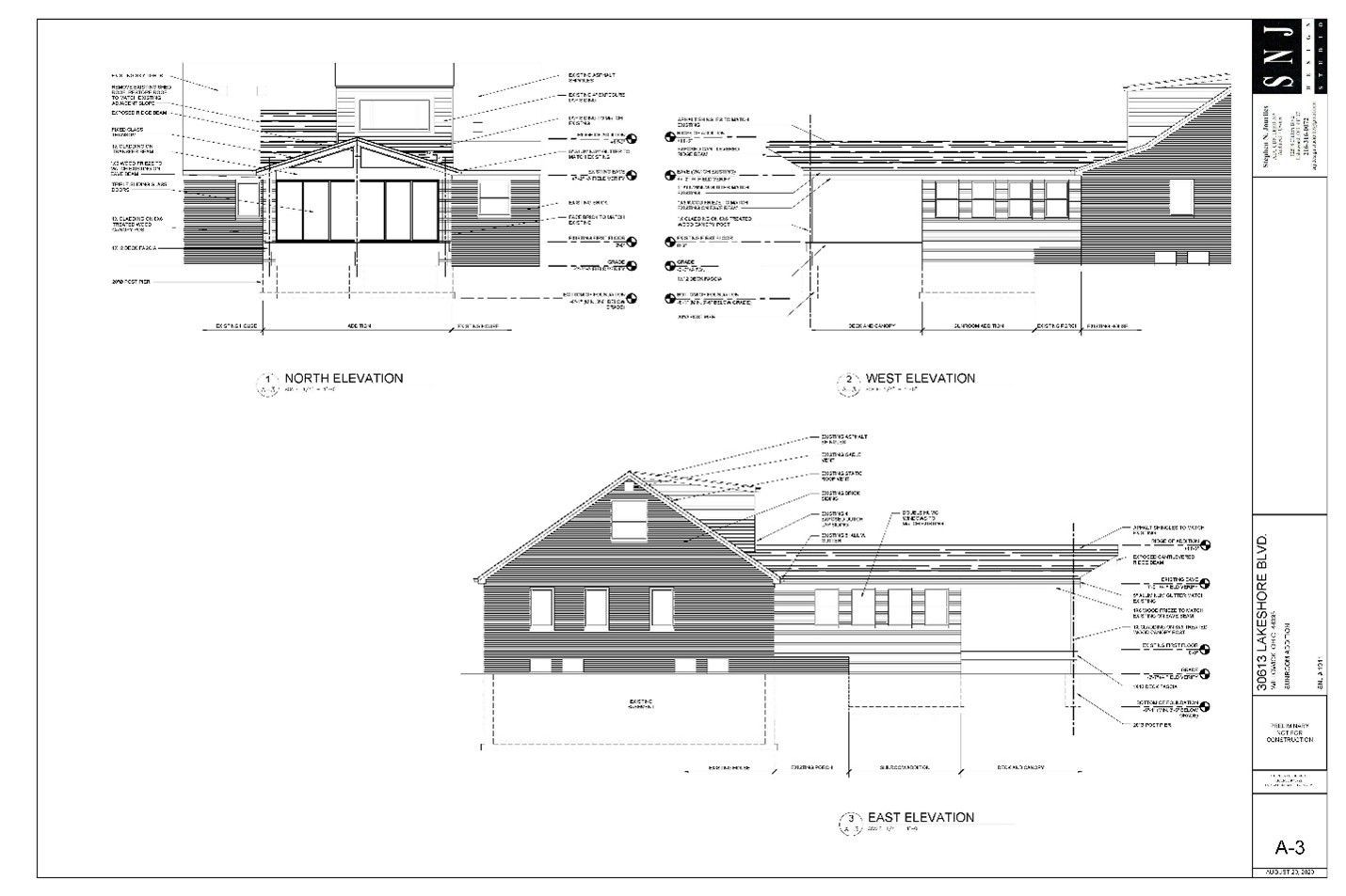 Architectural drawings of a building's elevations: front and side views showing doors, windows, and roof details.
