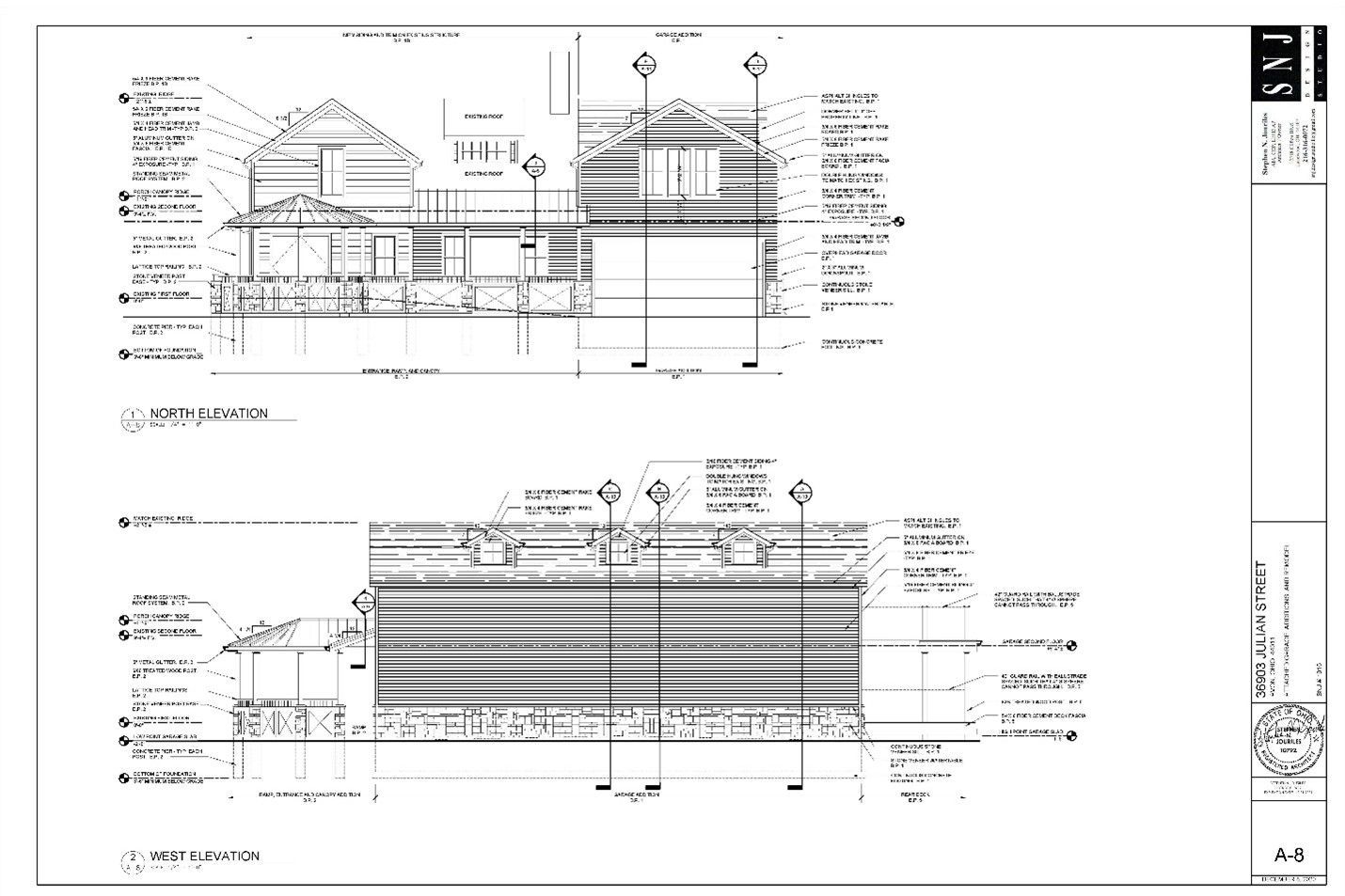 Architectural drawings of a building's elevations, detailing exterior features and dimensions.