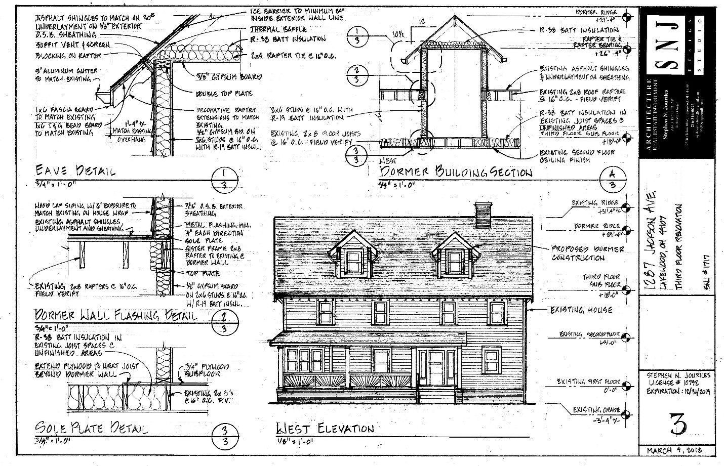 Architectural blueprint of a two-story house with detailed sectional views and elevations.