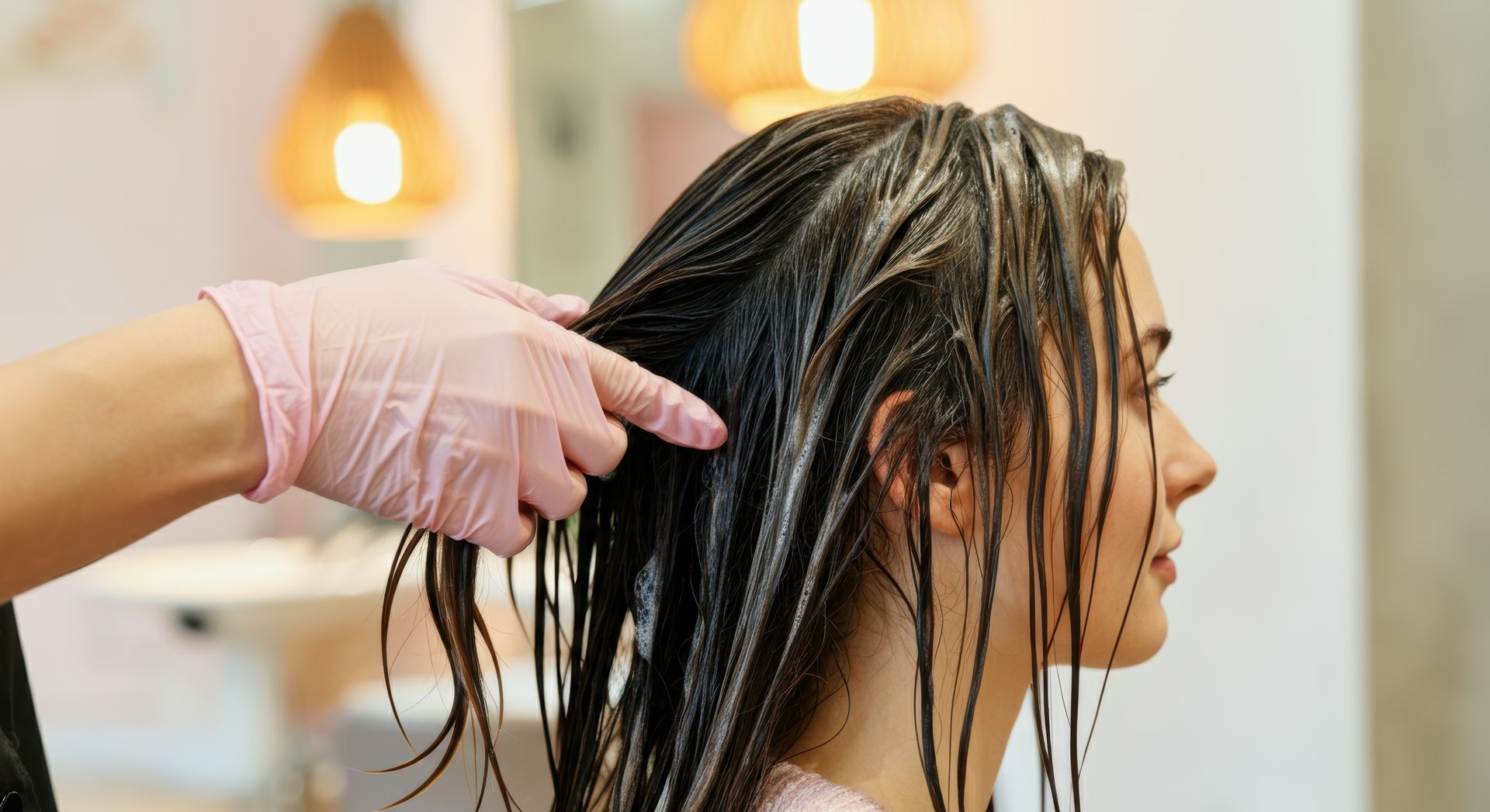 A woman is getting her hair dyed in a salon.