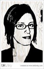 Black and white stencil-style portrait of a woman with short hair, glasses, and a blazer, against a textured background.