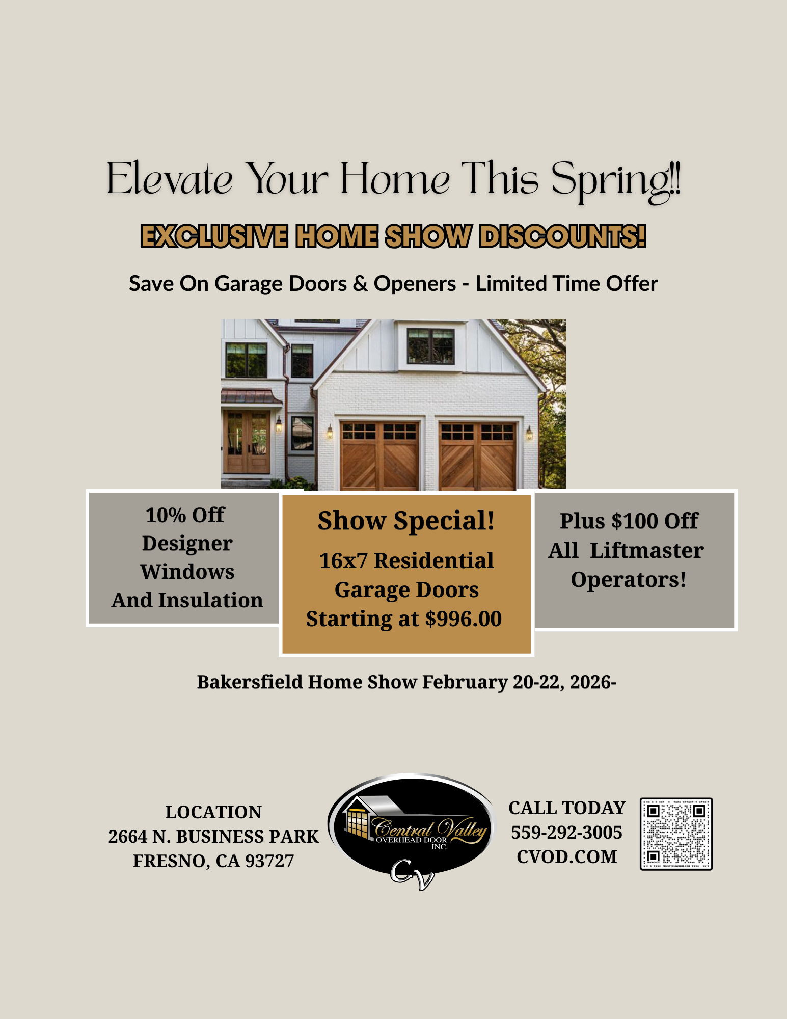 Home show ad: Garage door discounts, home exterior photo, spring promotion, February 2023.