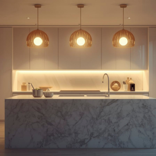 Kitchen with marble island and three woven pendant lights over it. — Neave Electrical in Diamond Beach, NSW