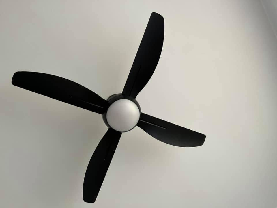 A Black Ceiling Fan With Three Curved Blades and a White Light — Neave Electrical in Forster, NSW
