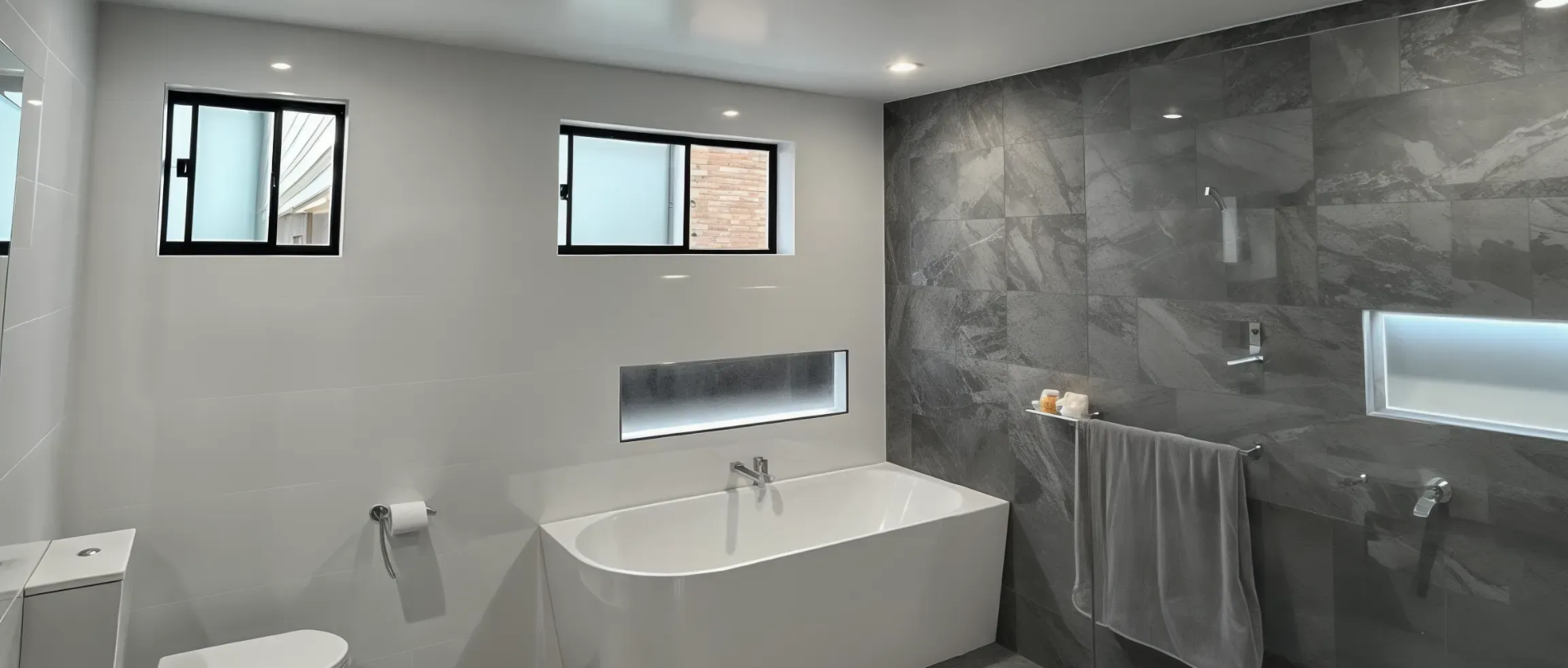 Modern bathroom with white walls and gray tiled floor, includes a bathtub, toilet, and shower.