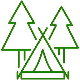 Green outline of a tent between two pine trees, depicting a campsite.