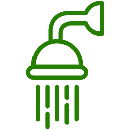 Green outline of a shower head with water streams.