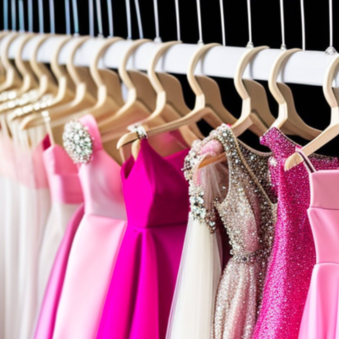 Prom dresses hanging on a rack