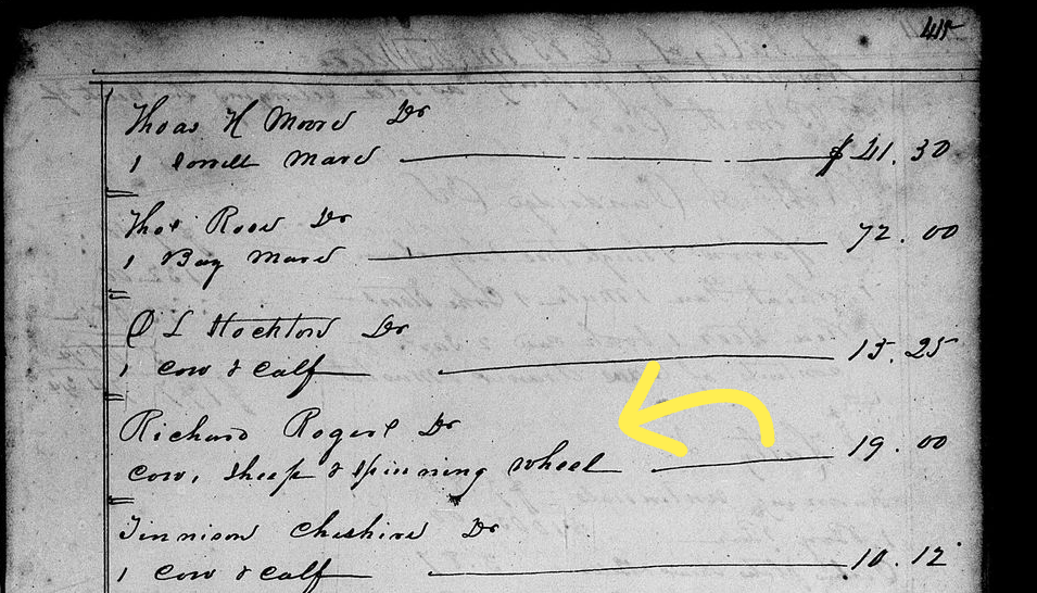 Probate record showing sale of sheep and spinning wheel, from Hardeman Co., Tennessee.