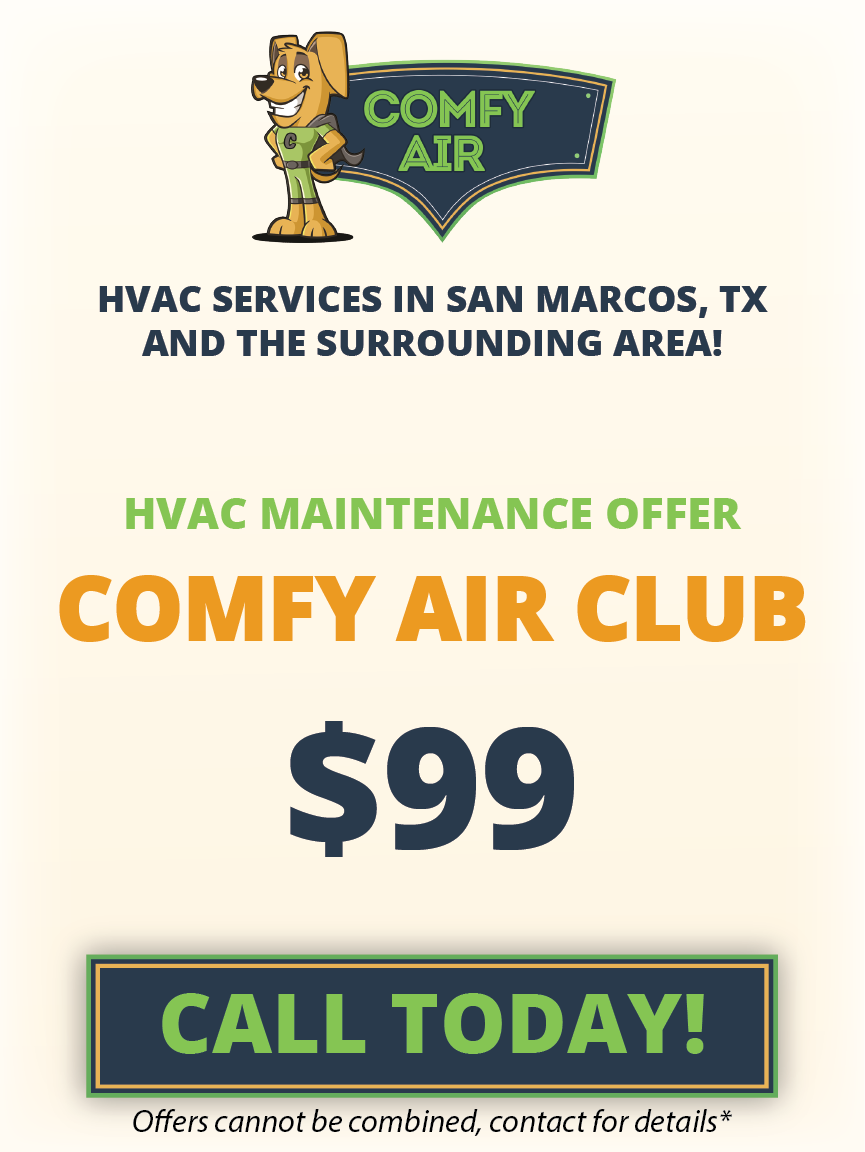 Promotional flyer for Comfy Air, an HVAC service company in San Marcos, TX. The top features a cartoon dog mascot dressed as a technician next to the company logo. Below, large text highlights services including Air Conditioning, Heating, and Indoor Air Quality, with Installation, Repair, and Maintenance options. A bold call to action at the bottom urges to 'Call Today!' set against an orange background.