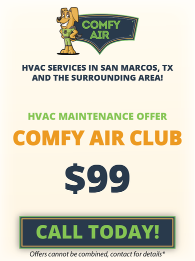Promotional flyer for Comfy Air, an HVAC service company in San Marcos, TX. The top features a cartoon dog mascot dressed as a technician next to the company logo. Below, large text highlights services including Air Conditioning, Heating, and Indoor Air Quality, with Installation, Repair, and Maintenance options. A bold call to action at the bottom urges to 'Call Today!' set against an orange background.
