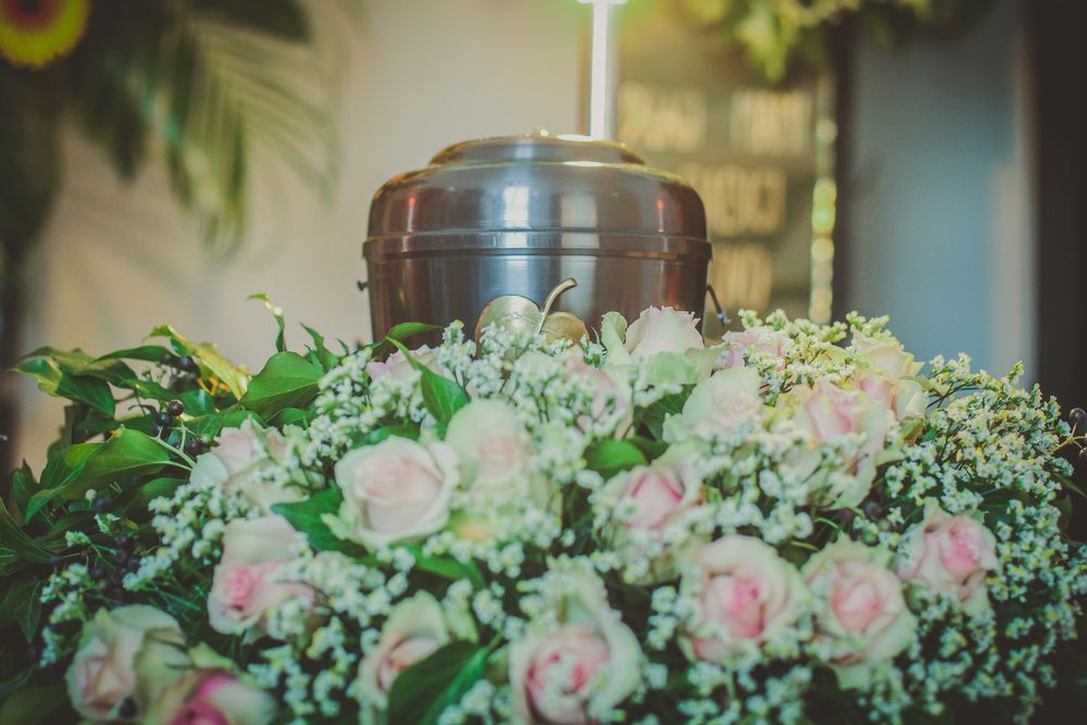 Urn on a Bed of White and Pink Roses in a Ceremonial Setting — Ashes to Ashes Cremations In Port Douglas, QLD