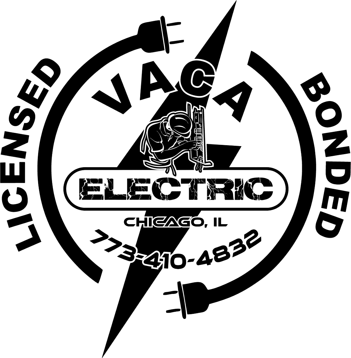 Black and white logo: Electrician with tools, bolt, circle,