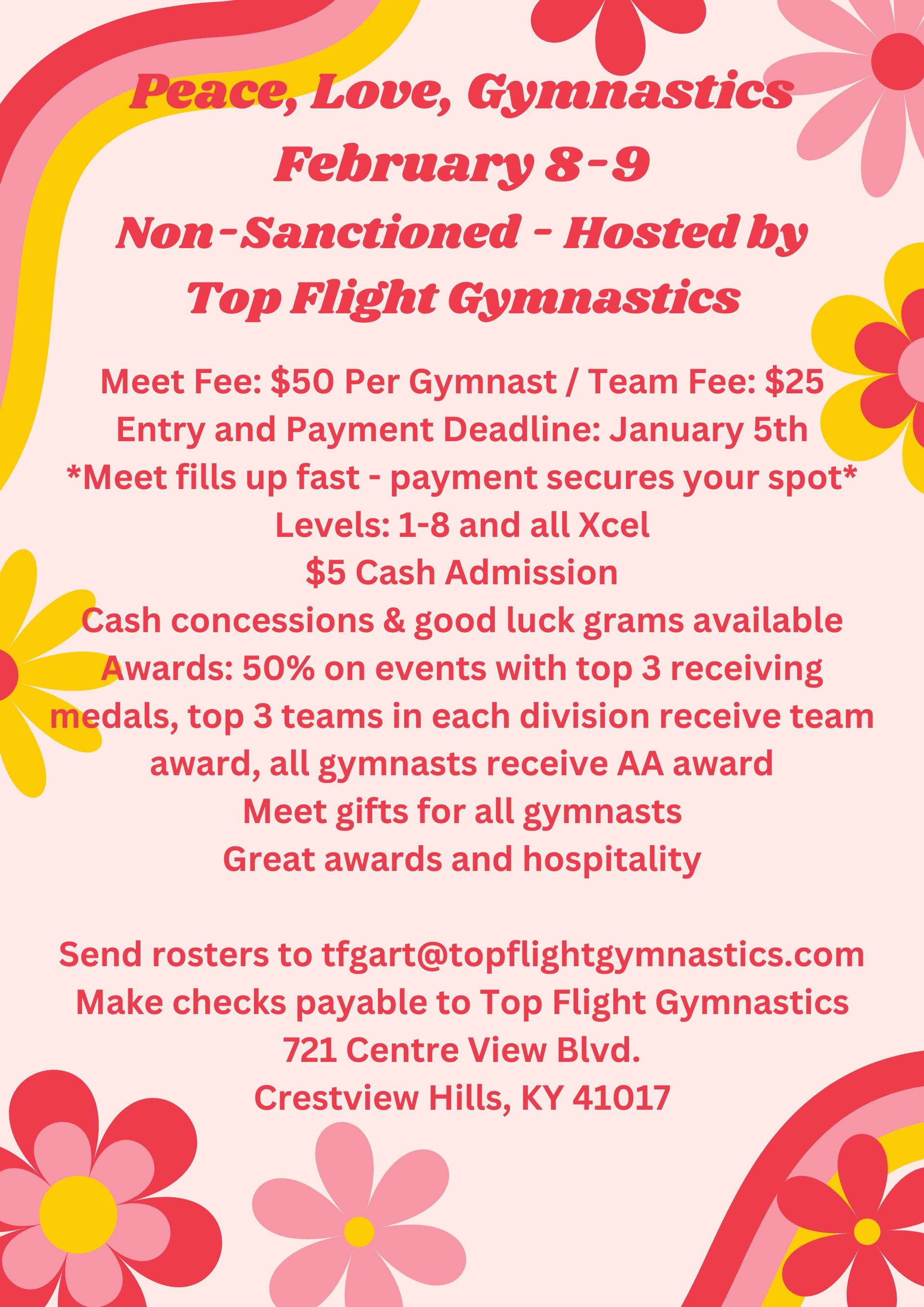 A flyer for a peace love gymnastics event