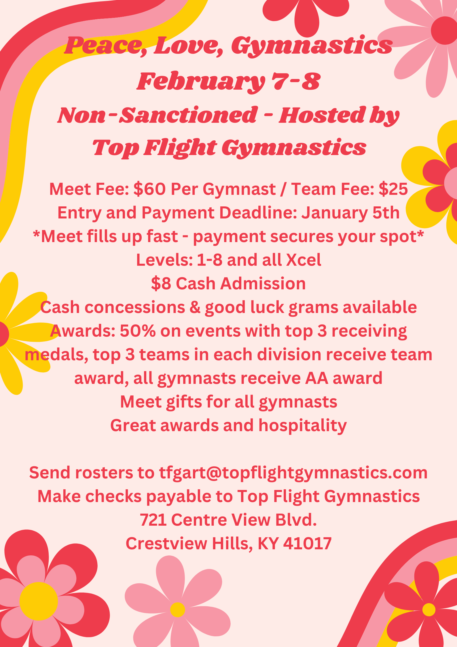 A flyer for a peace love gymnastics event
