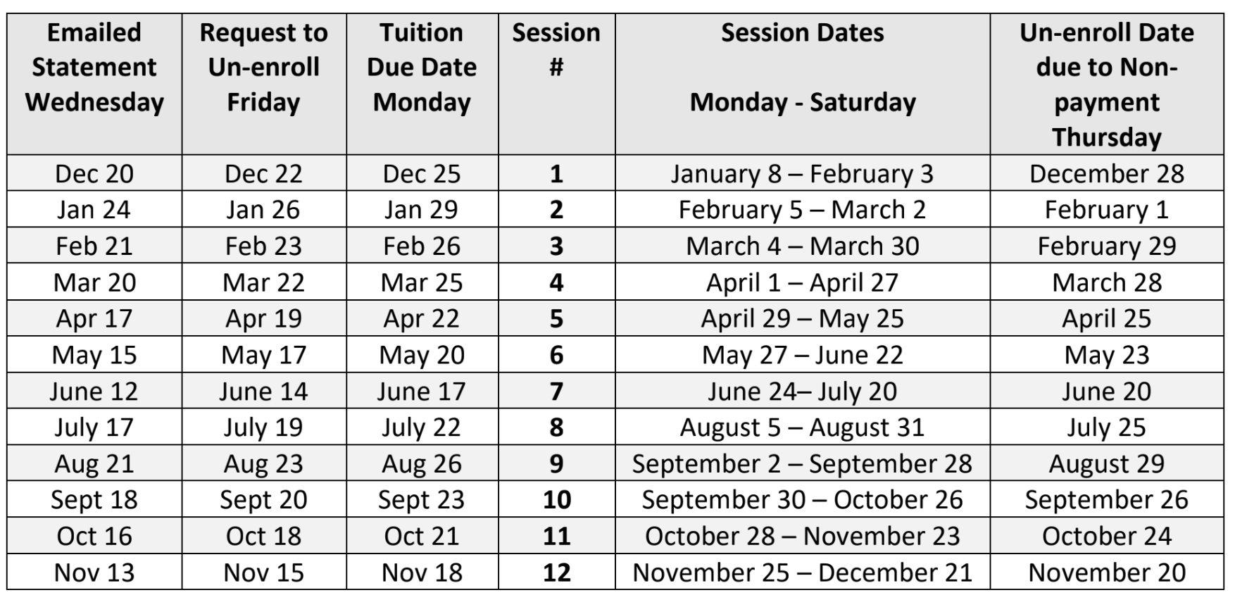 A table showing the dates of each month