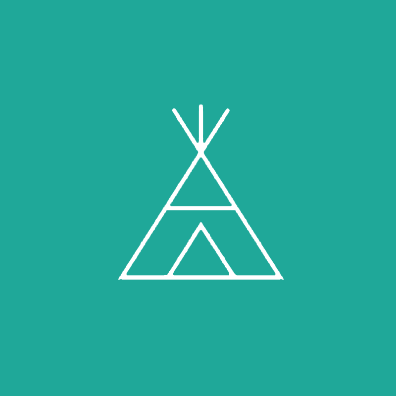 A white teepee icon on a green background.