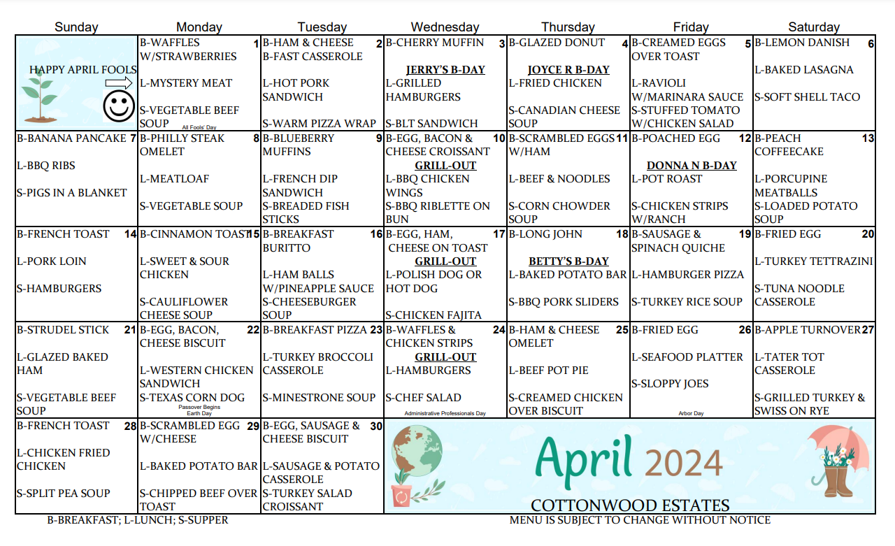 April 2024 Menu — Central City, NE — Cottonwood Estates